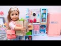 Doll grocery shopping and kitchen work i play dolls house chores