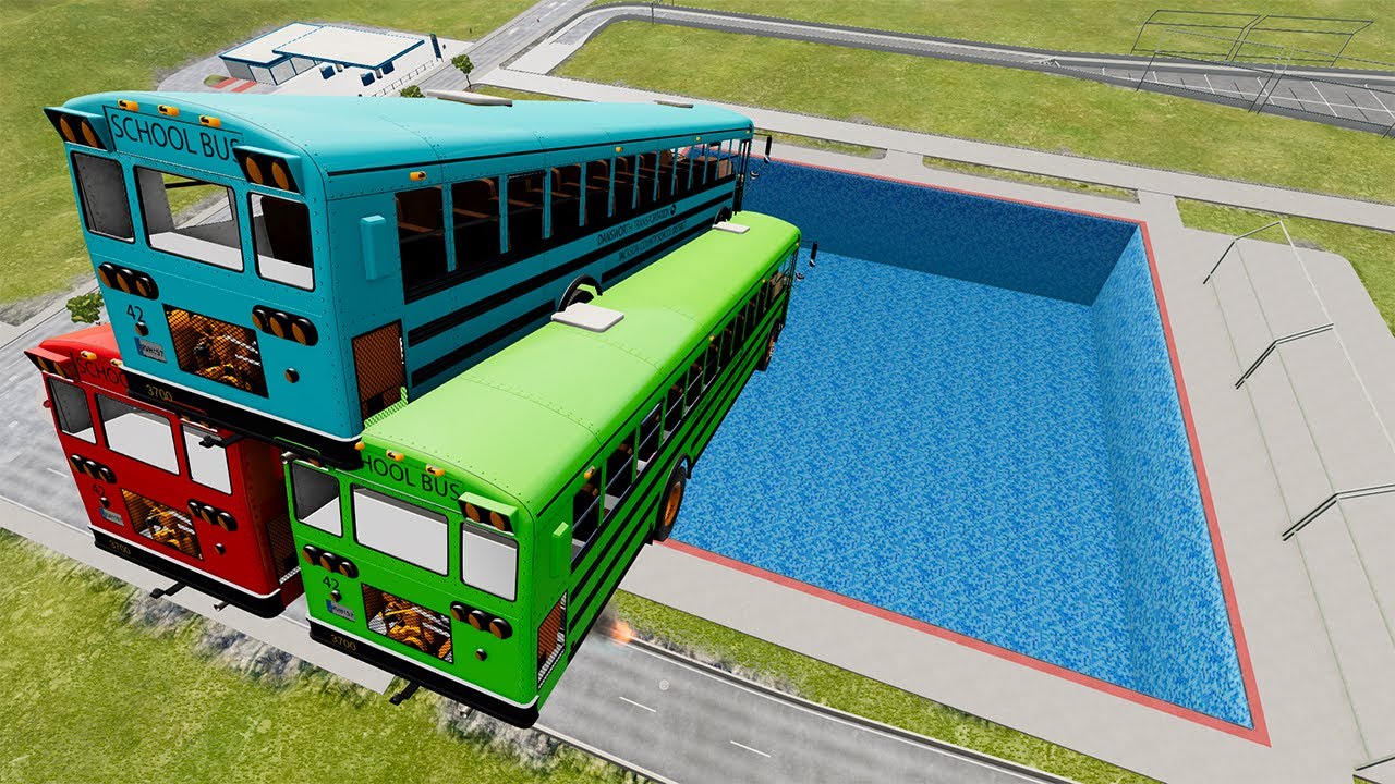 School Bus Jumps & Crashes Into Swimming Pools- BeamNG.Drive
