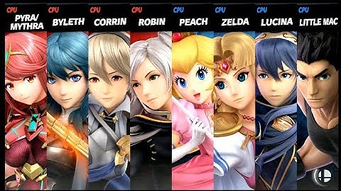 Pyra Mythra and Byleth and Corrin and Robin VS Peach and Zelda and Lucina and Little Mac Smash Bros