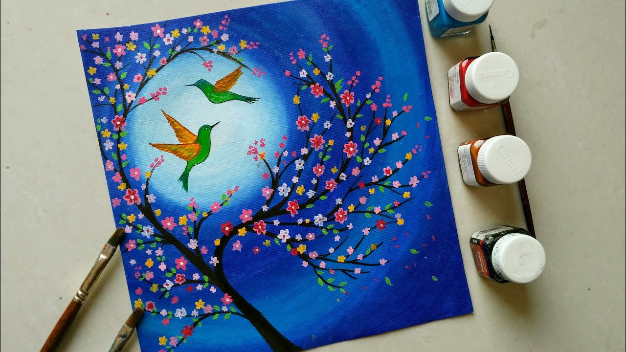 Moonlight Night Painting for beginners  Easy Hummingbird drawing &  painting