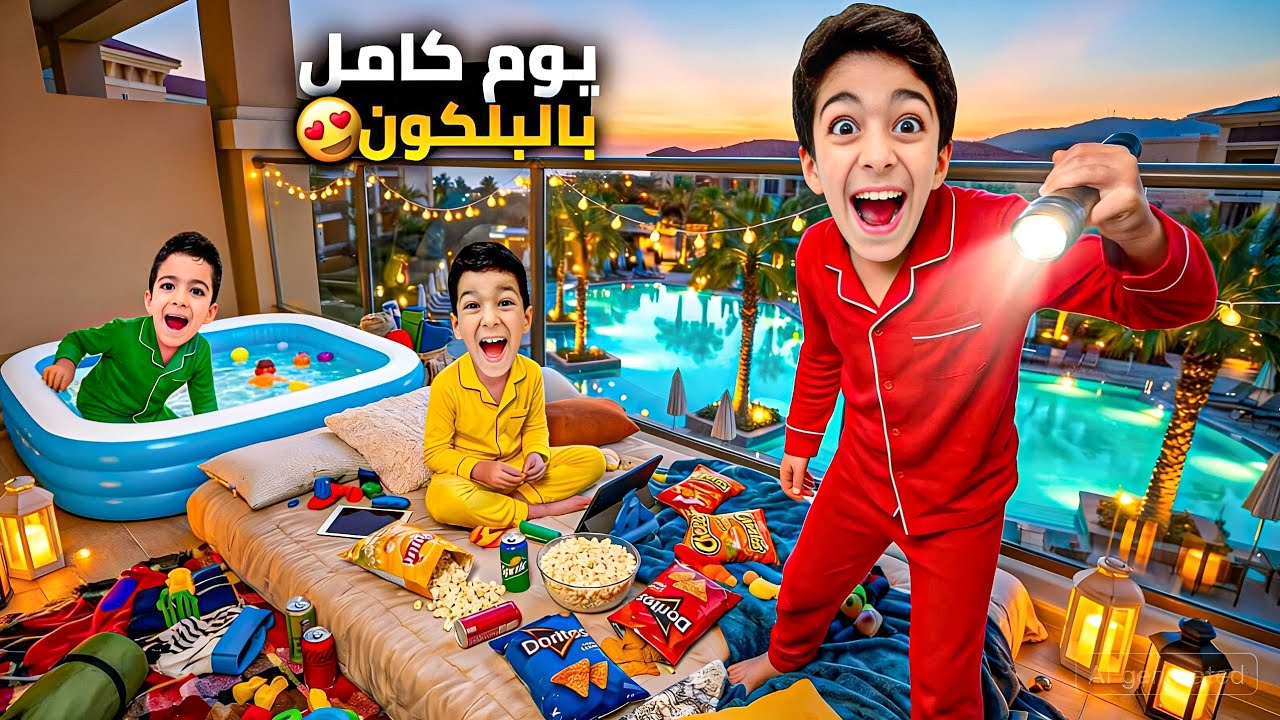 يزن وزين قضوا يوم كامل بالبلكون😍حطوا مسبح وصارو يسبحوا وانكبت المي بكل مكان🥲#زين_وألفت