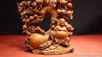 Tượng gỗ di lặc nhị tiểu đứng dưới cây đào gỗ hương ta cực nét | mẫu tương gỗ di lặc để bàn