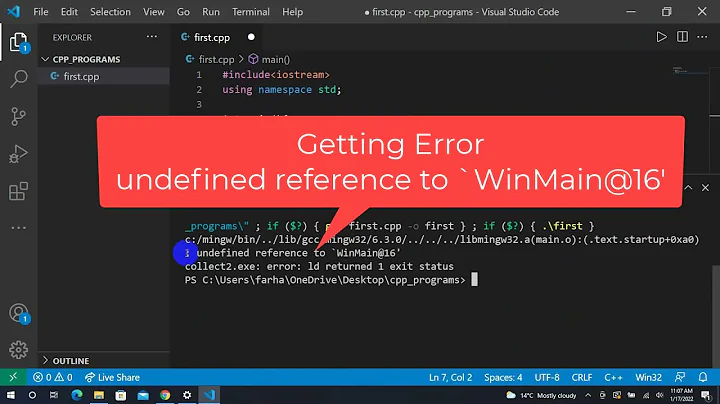 [Solved] undefined reference to 'winmain@16' visual studio code Solution