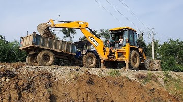 JCB Backhoe Machine Making Drain and Loading Soil in Tractor - JCB Working For Road Construction-16