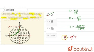 A particle of charge q and mass m enters normally (at point P) in a region of magnetic field wit...