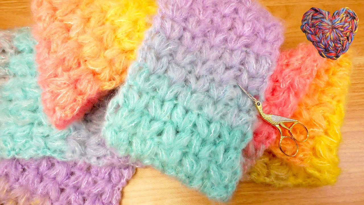 Häkeln | XXL Schal im Strick Look | Puff Stich V-Muster mit Regenbogen Verlauf