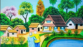Beautiful Village Landscape Scenery Painting | Indian Village Scenery Painting With Acrylic Color