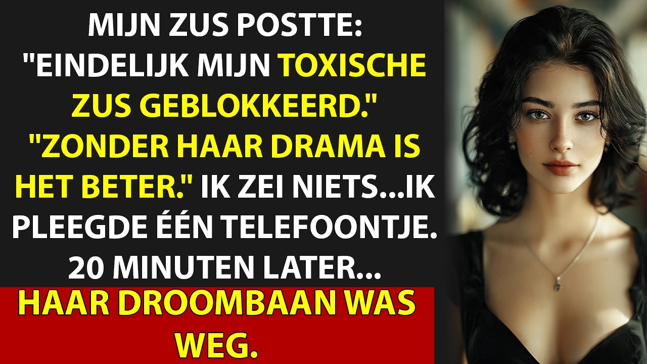 ‘Eindelijk mijn giftige zus blokkeren.’ Ik las de woorden op mijn telefoon terwijl de kwartaalrapportage nog op mijn scherm stond. De gebruikersnaam: Roos. Mijn zus. Geen boosheid, alleen een...