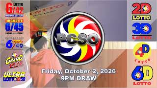 LOTTO RESULT Today Friday, October 2, 2026 - 9PM Draw