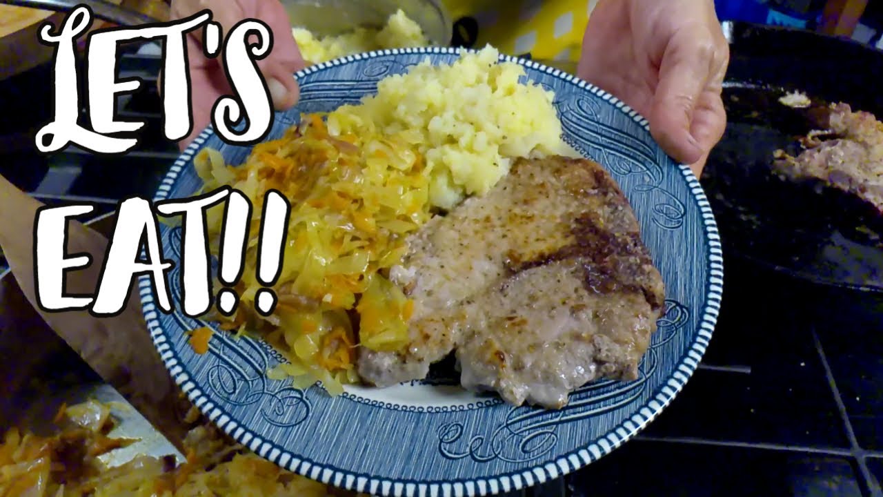 Southern Fried Pork Chops With Mashed Turnips And Potatoes And Skillet