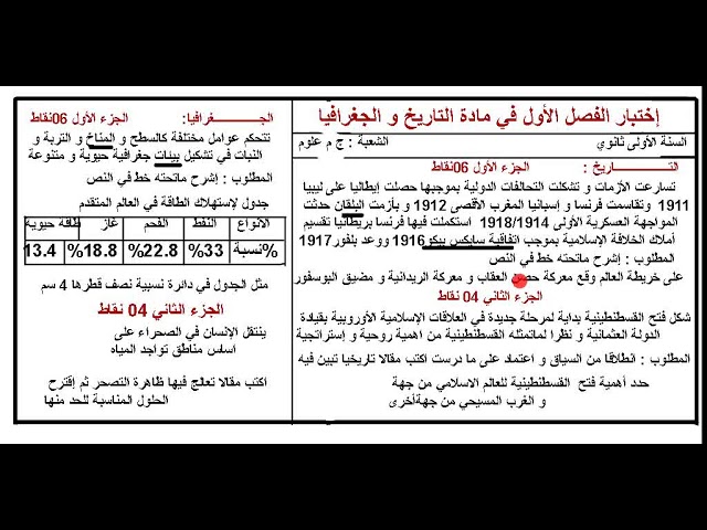اختبار الفصل الاول في التاريخ و الجغرافيا (السنة الاولى ثانوي )