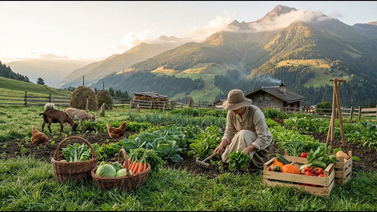 Peaceful Mountain Farm Life - Harvesting Fresh Vegetables at Sunrise