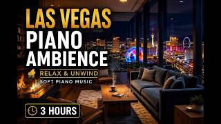 Luxury Penthouse Library Fireplace 🌆 Relaxing Piano Music & Vegas Night View for Study & Sleep (4K)