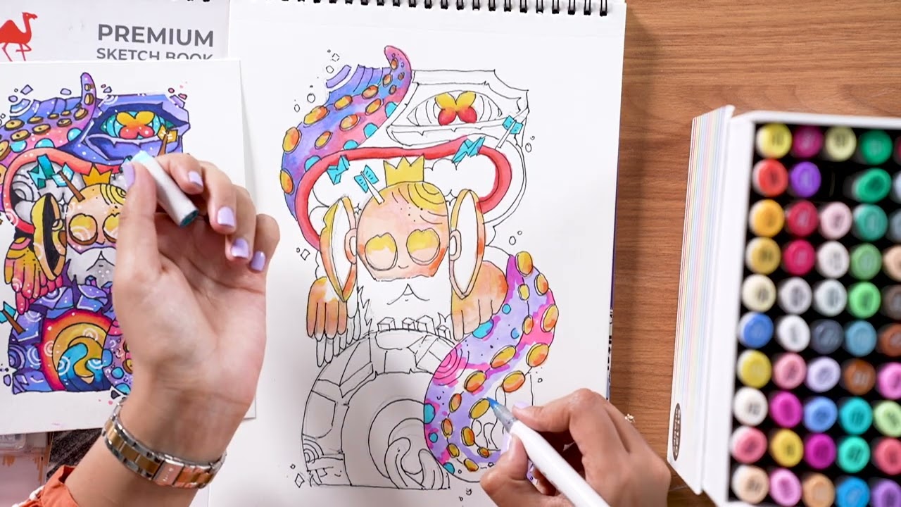 Урок по созданию красочных рисунков в стиле дудл с использованием маркеров и тонких линеров Camel...