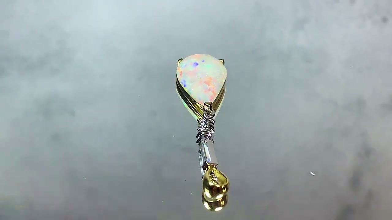 18kt Yellow and White Gold White Fire Opal pearshape 3.1ct and Diamond  pendant dangling - YouTube