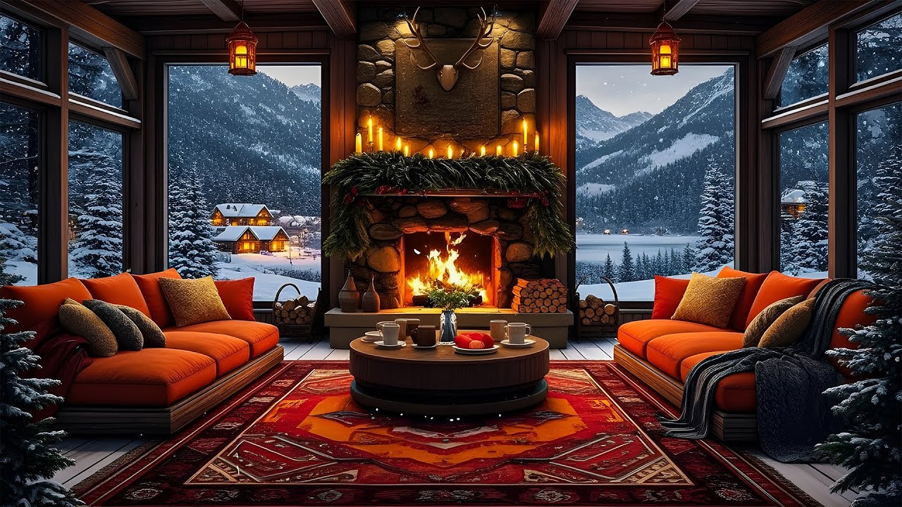 Cozy Winter Cabin Ambience ️ Fireplace, Snowfall & Mountain View - YouTube