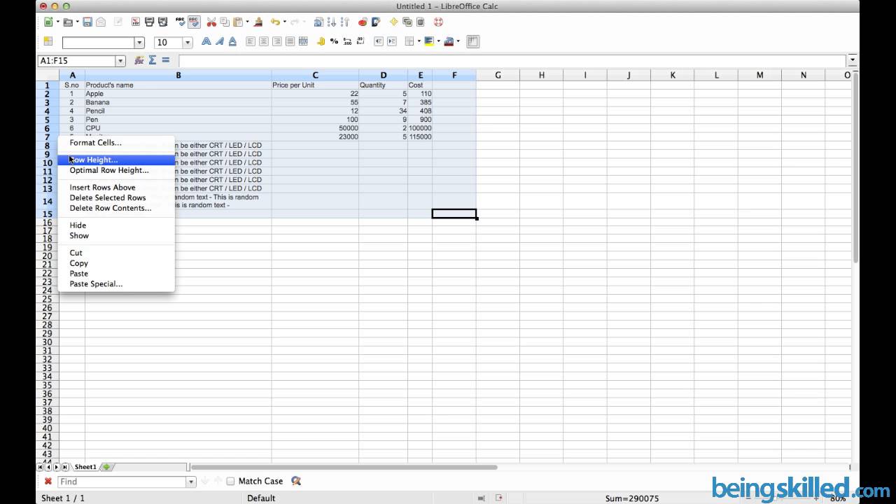 Formatting of cells in table in Libreoffice / OpenOffice Calc Word Wrap,  Optimal Row Height