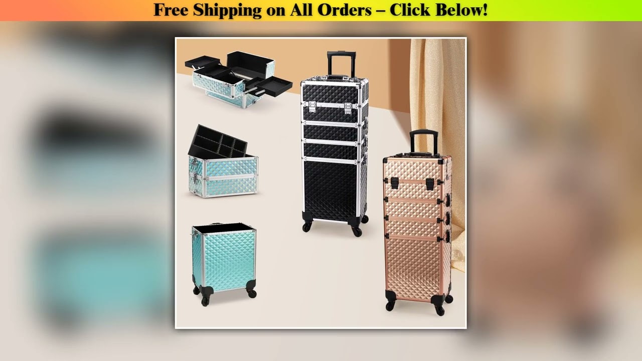 Rolling Makeup Train Case Cosmetic Trolley 4 in 1 Large Capacity Makeup Travel Case with Key