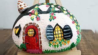 House Painting on Rock with 3D Window Shutter Lamp and Chimney | Acrylic Painting | Stone Painting