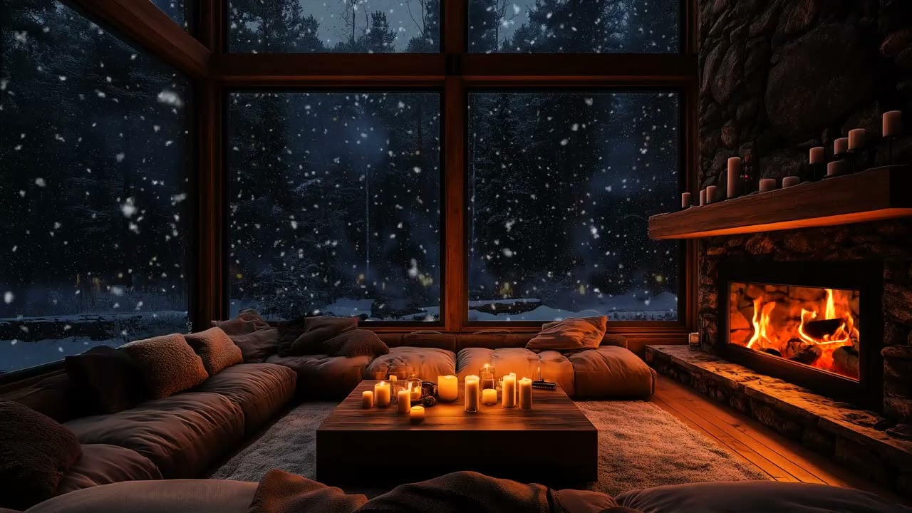 Soft Piano Music with Crackling Fireplace and Snowy Night Outside for Calm Focus