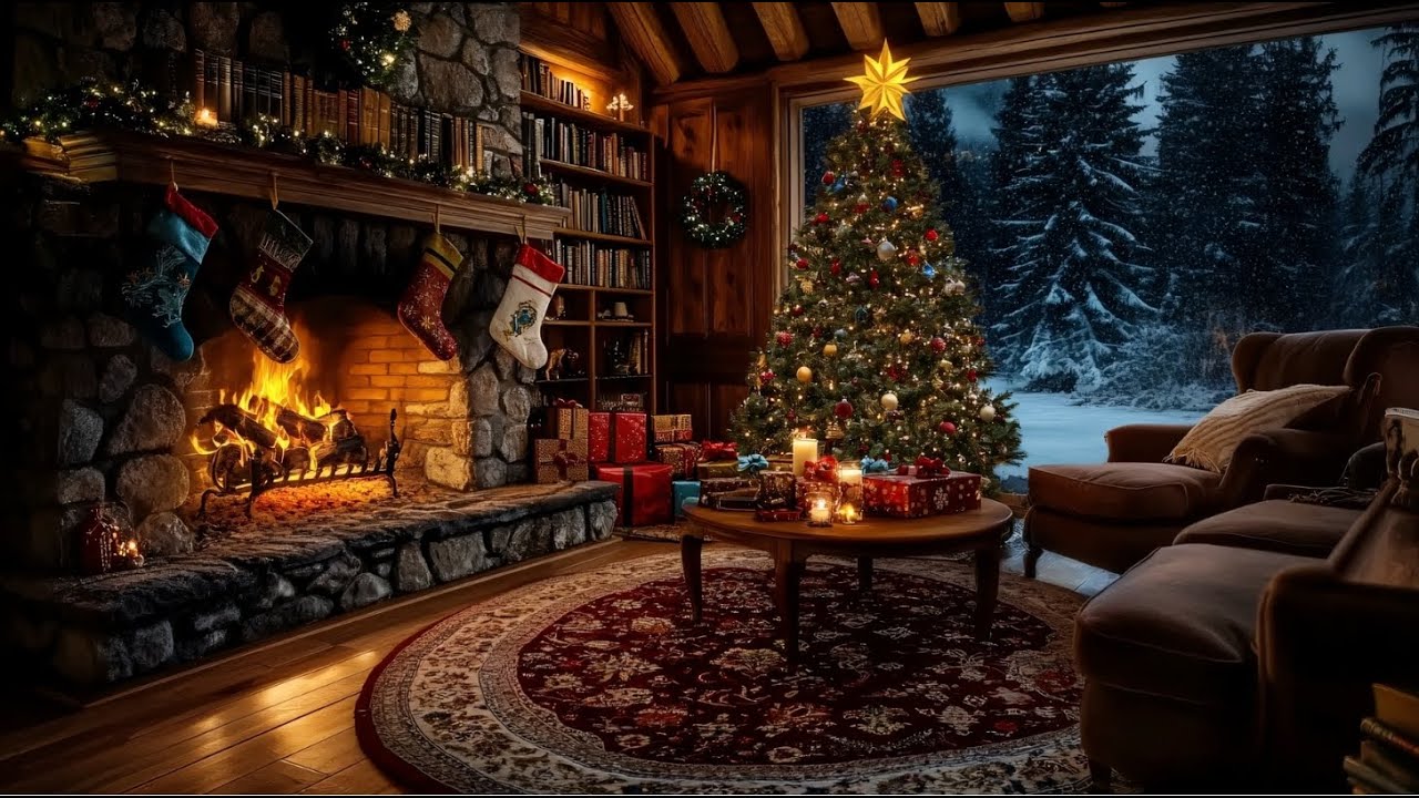 Christmas Jazz Music with Crackling Fireplace & Blizzard Sounds in Cozy ...