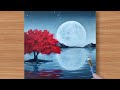 Red tree  black  white painting  full moon acrylic painting for beginners