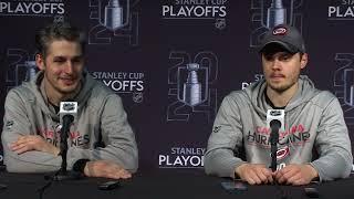 Brady Skjei and Sebastian Aho meets with the media following the Canes' Game 4 win over the Rangers.