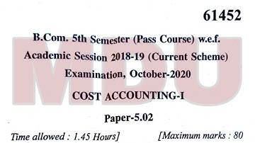 B.com. 5th Semester Cost Accounting -I (Pass Course) October 2020 MDU Rohtak | Separate Video| MDU