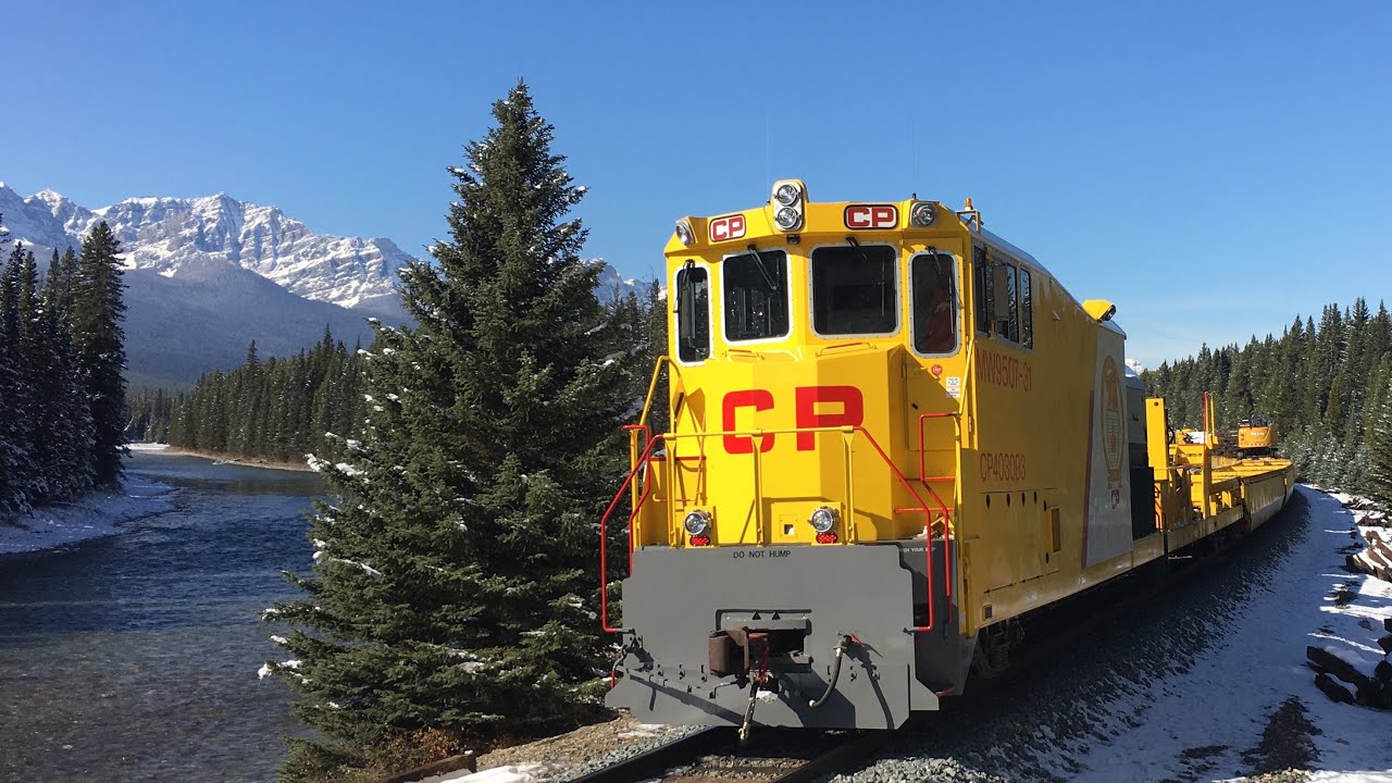 CP YELLOW BANANA!!!! Canadian Pacific Work Train Heads West at Storm Mountain, Banff, AB!