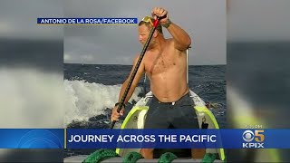 Endurance athlete antonio de la rosa embarked from san francisco and
greeted in hawaii as the first person ever to stand-up paddleboard
across pacific oc...