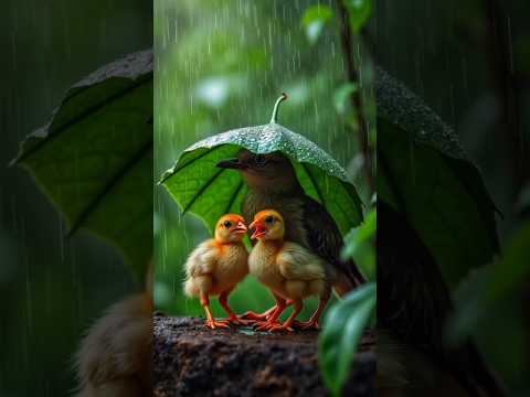 'Mother Protecting Her Little Ones in the Rain'#RainyDayMoments #NatureLove#Birds