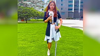 Stunning Amputee Girl Walking with Single Crutch #2