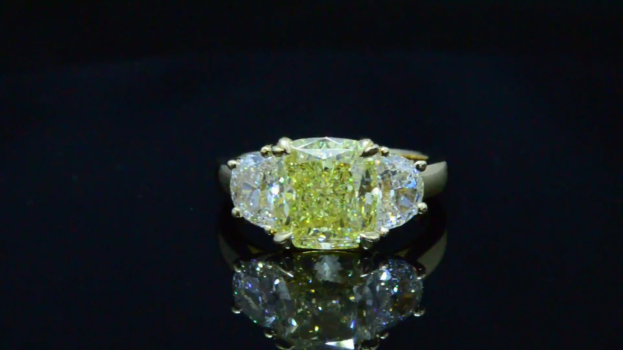 Canary Fancy Yellow Cushion with Half-moon Cut Diamond Engagement Ring GIA Certified