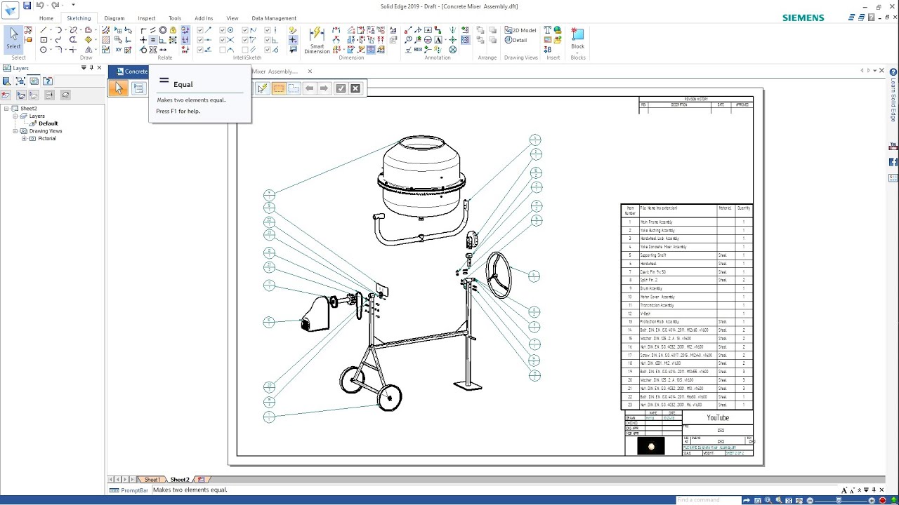 SOLID EDGE 2019 - CONCRETE MIXER ASSEMBLY - DRAWING - YouTube