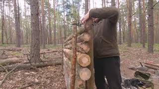 2 days in the woods, building shelter with hand tools, bushcraft no talking