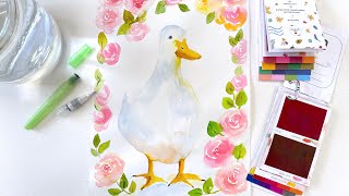 How to Paint a Cute White Duck with Rose Florals  Nursery Art or Greetings Card Waterbrush Tutorial