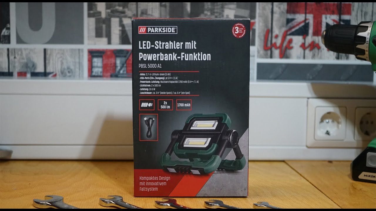 Parkside PBSL 5000 A1, LED-Strahler mit Powerbank Funktion, Ratschen  Schlüsselsatz, first impression - YouTube