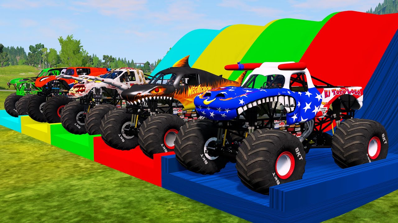WOW Big Monster Trucks Transport Triple Flatbed with Color Slide 11+minut BeamNG.drive #