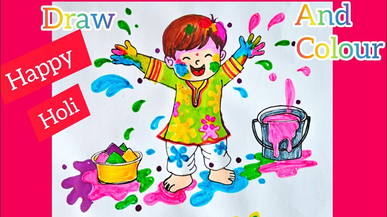 How To Draw HAPPY HOLI 🌈🎨 | Easy Step by Step Drawing, Painting & Coloring for Kids ✨💦
