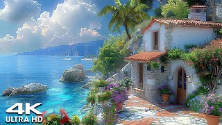 4K UHD | Greek Terrace | Summer Ambience - Relaxing Greek Island | Ocean Waves and Seagulls Sounds