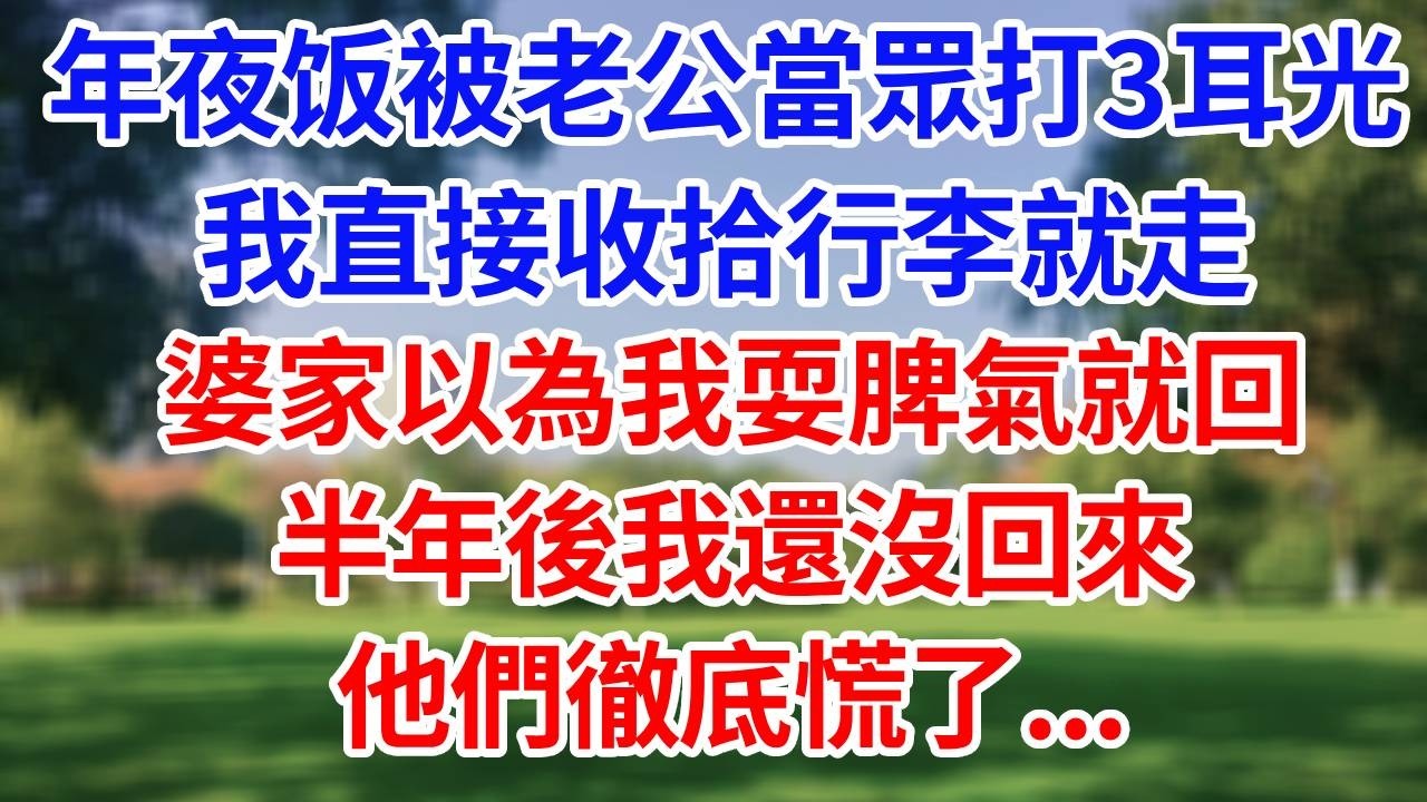 年夜饭被老公當眾打3耳光，我直接收拾行李就走，婆家以為我耍脾氣就回，半年後我還沒回來，他們徹底慌了...