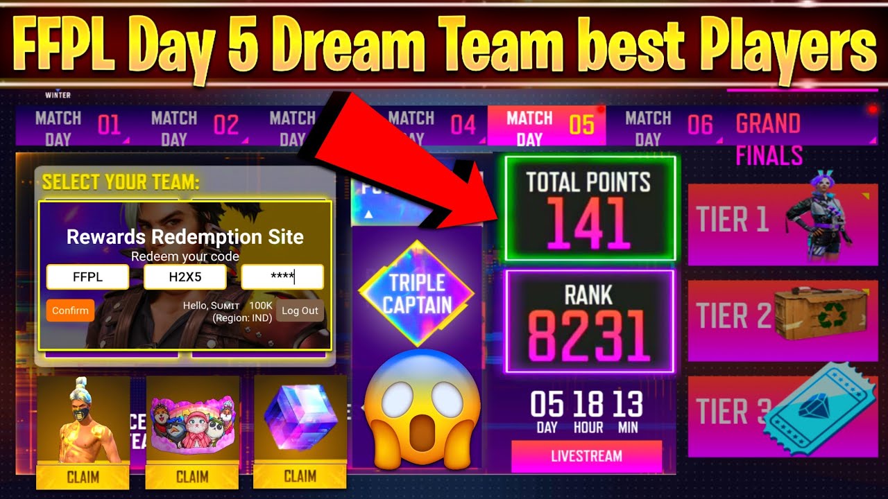 Match Day 5 Best Teams FFPL Dream Team | FFPL Dream Team Best Players Match Day 5 Free Fire