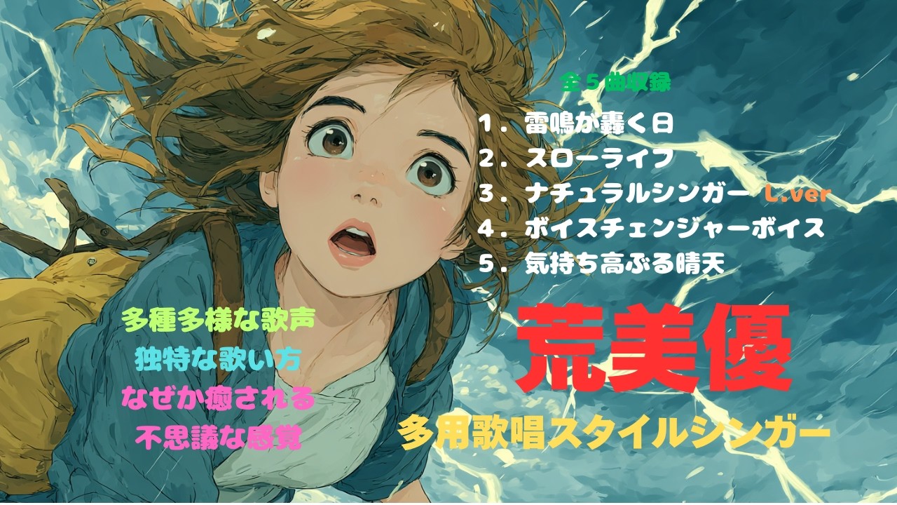 歌：荒美優　多用歌唱スタイルシンガー　全５曲収録　１．雷鳴が轟く日　２．スローライフ　３．ナチュラルシンガーL ver ４．ボイスチェンジャーボイス　５．気持ち高ぶる晴天