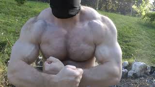 Giant Teen Bodybuilder Flexing Hairy Muscles With Katana Sword Ninja