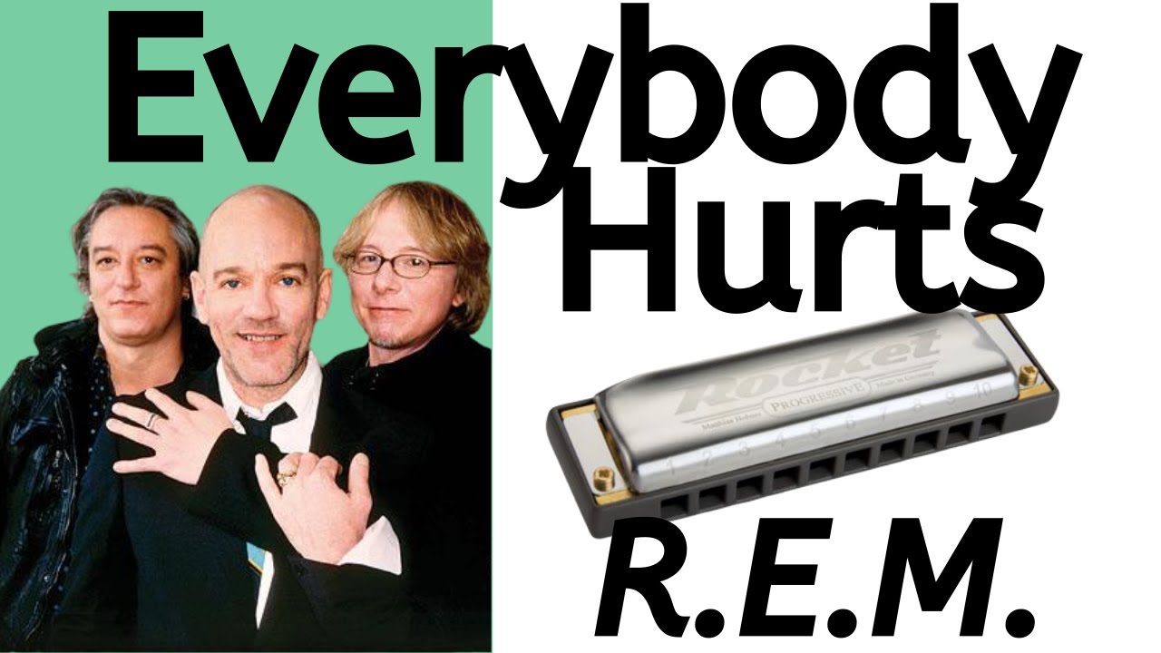Image of the band R.E.M. Image of harmonica. Text: Everybody Hurts R.E.M.