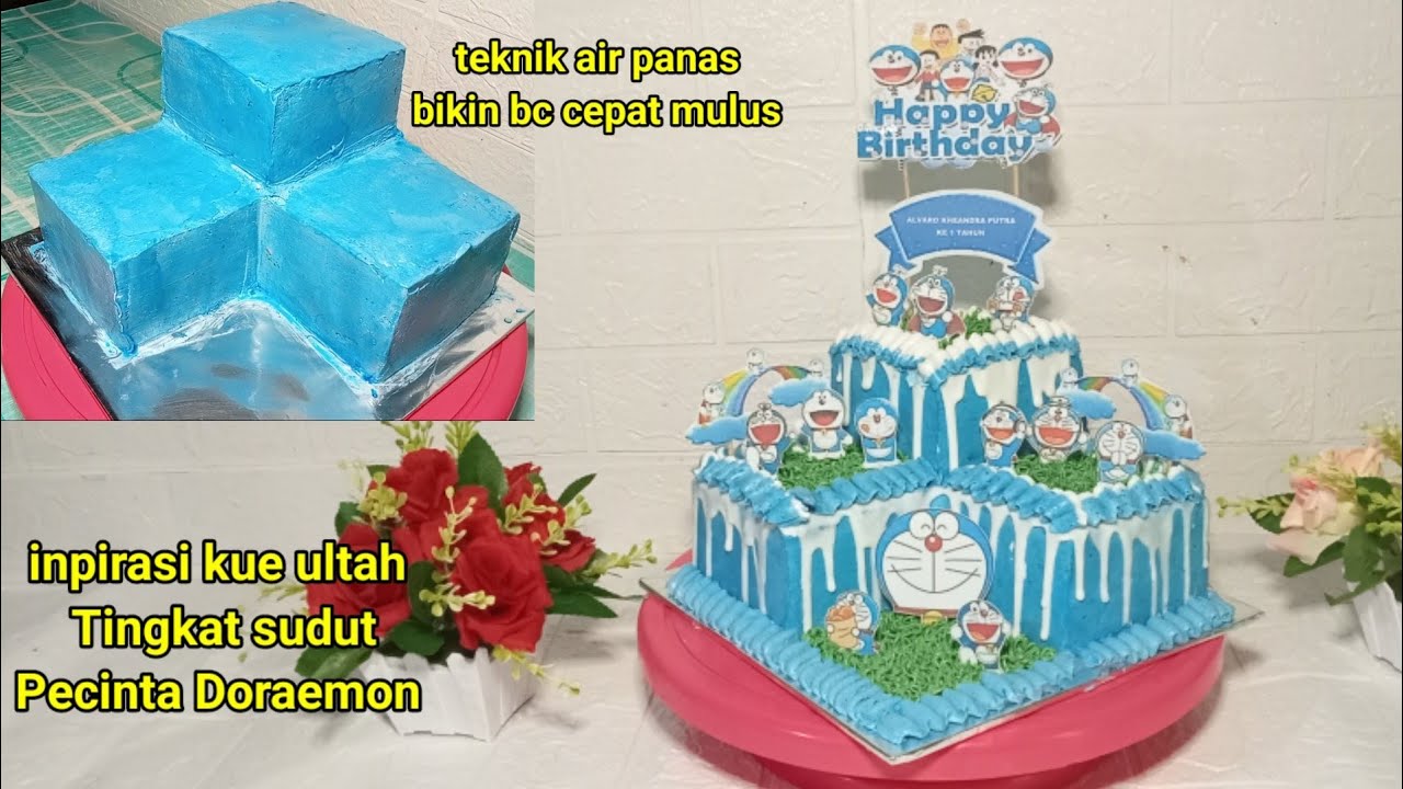 Dekorasi cake ultah tingkat sudut tema Doraemon ll kue ulang tahun