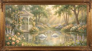 Romantic Swan Garden Pond TV Art: Luxury Gold Frame Landscape in 4K screenshot 3