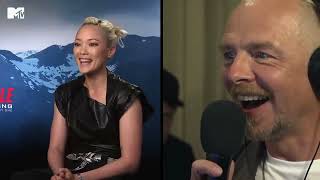 Simon Pegg secretly feeds lines to Pom Klementieff to say to a reporter