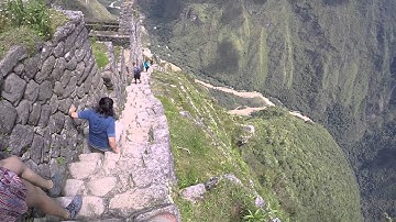 Machu Picchu - very steep stairs. Climbing down Huaynapicchu