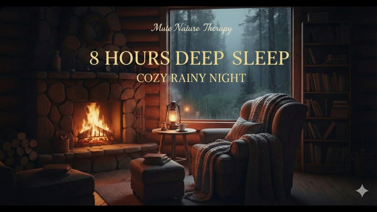Cozy Cabin Fireplace with Rain Sounds (8 Hours) - Deep Sleep, Insomnia Relief, Fades to Black